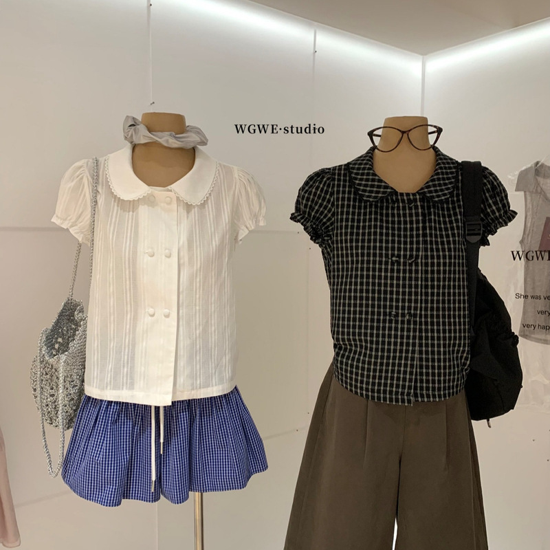 Wgwe Summer Korean Style Double-Row Button Jacquard Age-Reducing Lace Doll Collar Puff Sleeve Shirt Short-Sleeved Women's W9997