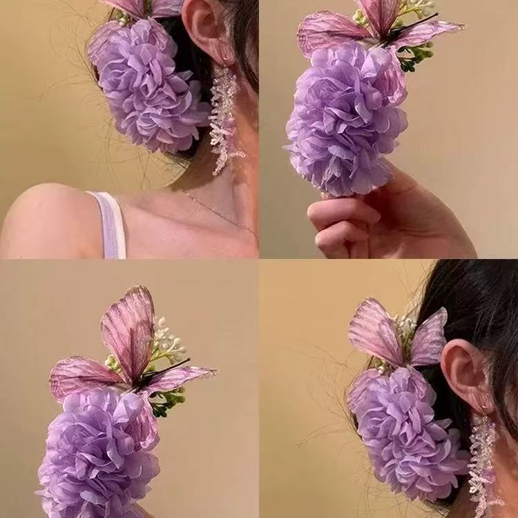 Super Fairy Purple Artificial Butterfly Flower Hairpin for Women 2025 New Side Clip Hairpin Atmosphere Duckbill Clip Headwear