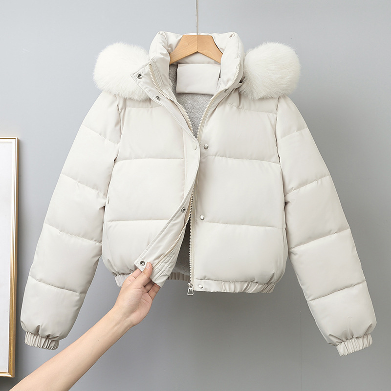 2025 otoño y invierno nuevo estilo americano pequeño corto gran cuello de cabello y camello grueso chaqueta de algodón de invierno de mujer chaqueta de algodón image 10