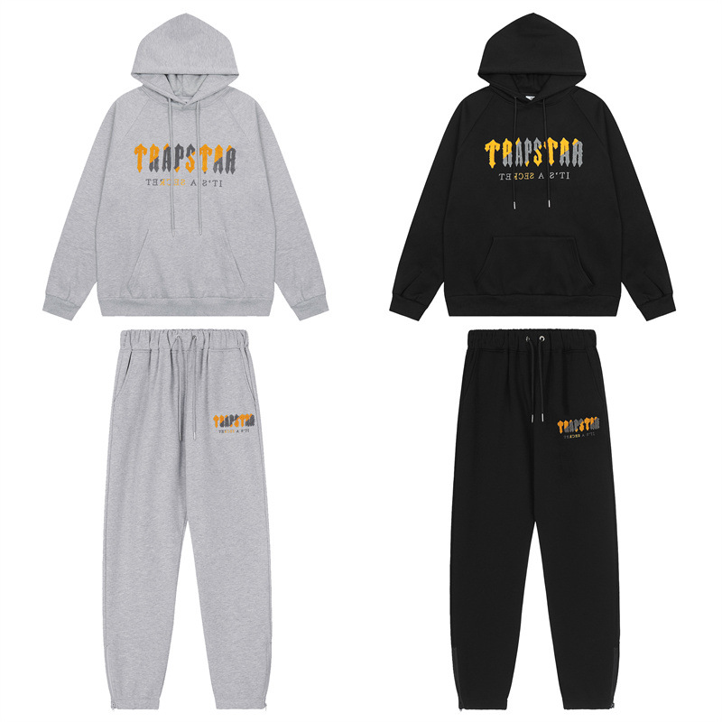 Marca de moda europea y americana Trapstar amarillo gris toalla bordado forrado de lana hombres y mujeres pareja suéter pantalones de chándal traje casual