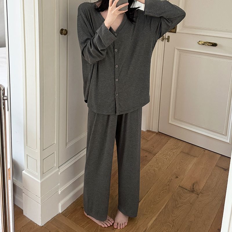 人棉睡衣女款春秋季韩系慵懒风简约开衫长袖两件套装家居服可外穿|undefined