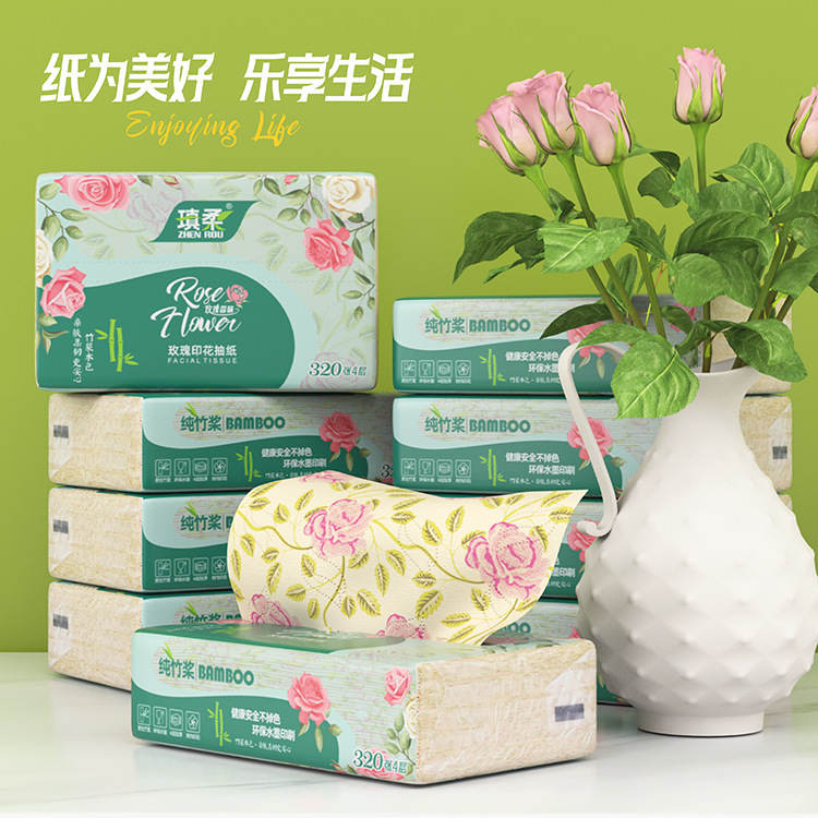 Factory Direct Supply of True Color 4-Layer Thickeneded Small Pack Tissue Paper with Rose Scent Printed Bamboo Paddle Household Soft Tissue Paper
