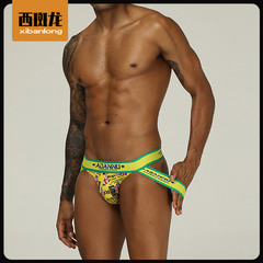 跨境ADANNU薄款冰絲丁字褲男 彈力寬邊橡筋印花內褲低腰露臀T褲男