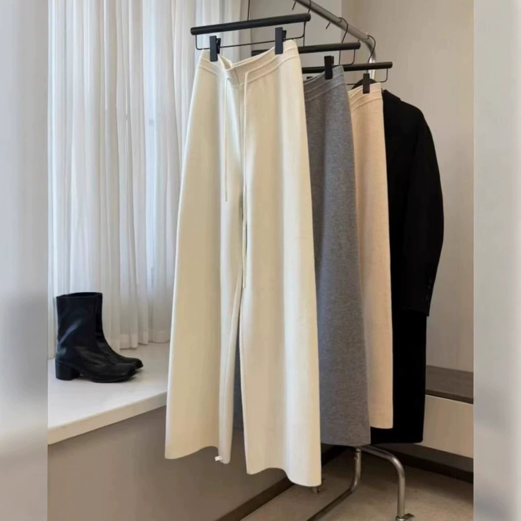 2025 новая мода дикие и ленивые повседневные брюки однотонный вязаный свободный тренд широкие брюки тренд женщины