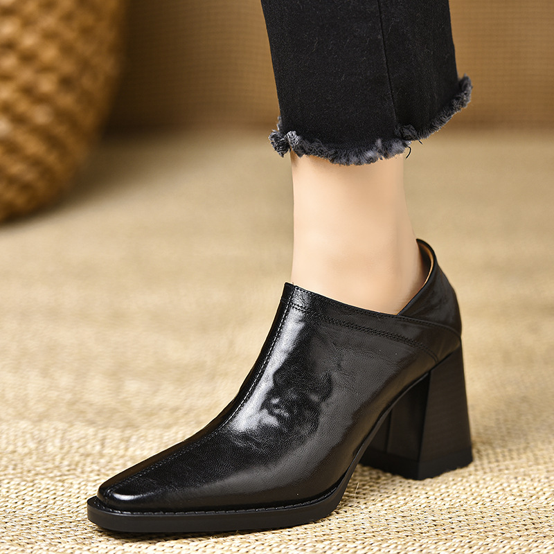 Women's Retro Chunky Heel Shoes Square Toe With Side Zipper_voghion.com