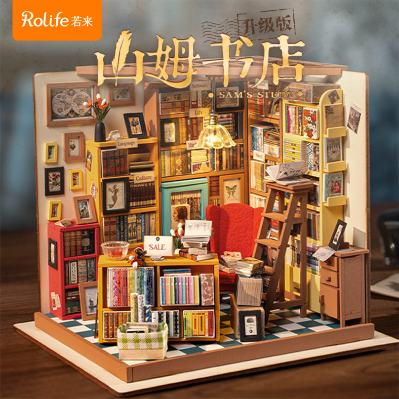 Rollife Ruo Lai Sam Bookstore bricolaje cabaña hecha a mano modelo mini cabaña arte casa juguete