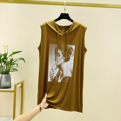 Women's Spring and Summer Viscose Print Open-Front Hooded Loose-Fitting Slimming Camisole Top for Plus Size