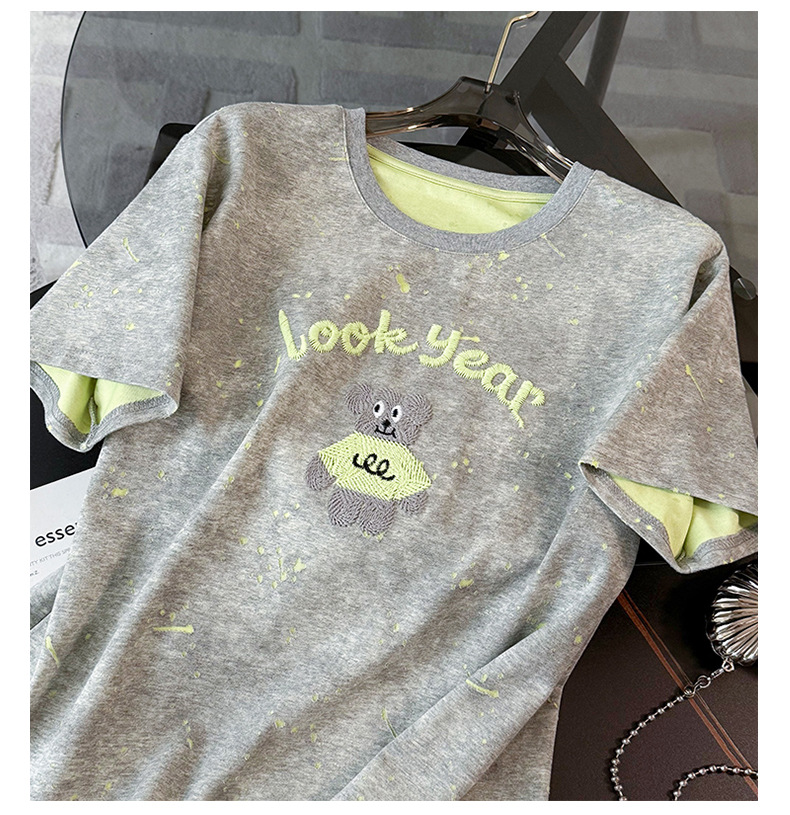 Women's Clothing Casual Fashion Sports Suit For Women Summer New Round Neck Bear Embroidery Tie Dye Top Loose Jeans Two Piece Suit_ecoleips.com