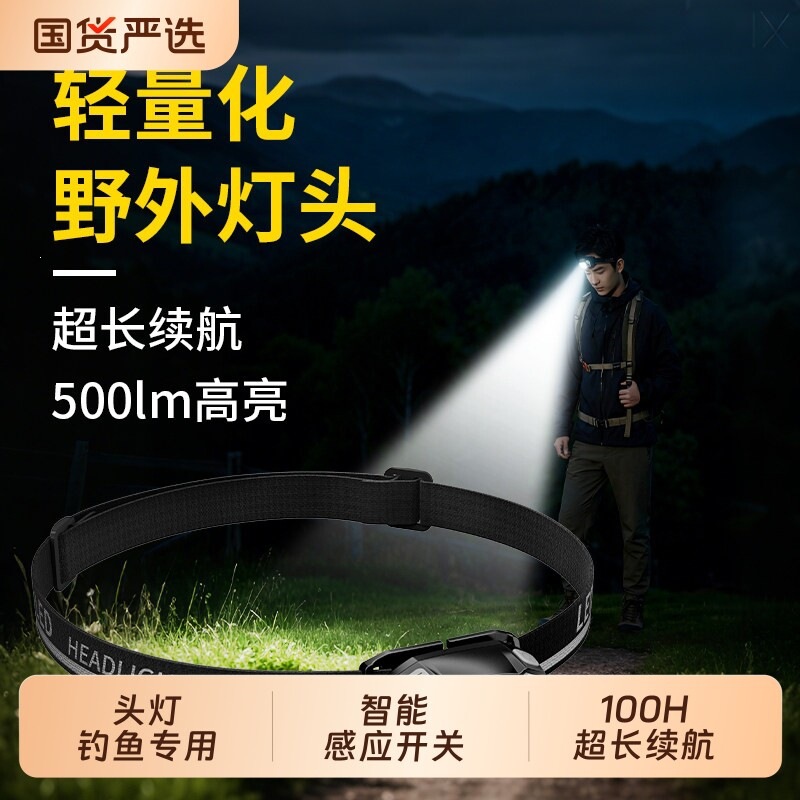 Headlamp with Strong Light, Rechargeable, Ultra-Bright, Sensor-Controlled, Head-Mounted Lighting, Long Battery Life, 100 Hours, for Outdoor Fishing and Mountaineering, Compact