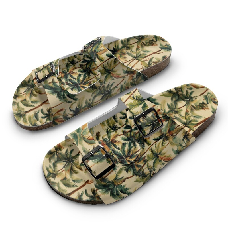 Minimum Order of One Piece: Palm Tree Pattern Printed Casual Slippers, Custom-Made Men's Double-Buckle Double-Strap Wooden-Soled Slippers
