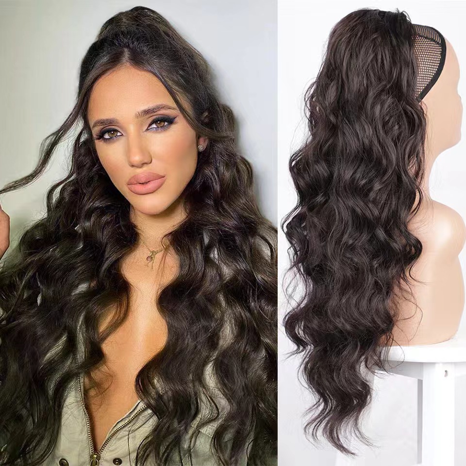 Extension per capelli e parrucche Parrucca da donna con capelli lunghi e ricci Parrucca da donna con coulisse Extension per capelli Coda di cavallo Parrucca in fibra chimica con onde grandi Pezzo di coda di cavallo_voghion.com