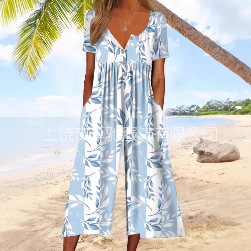 2025 New Independent Station Foreign Trade Cross-border Women's Amazon Printed Retro Button Polo Collar Pants