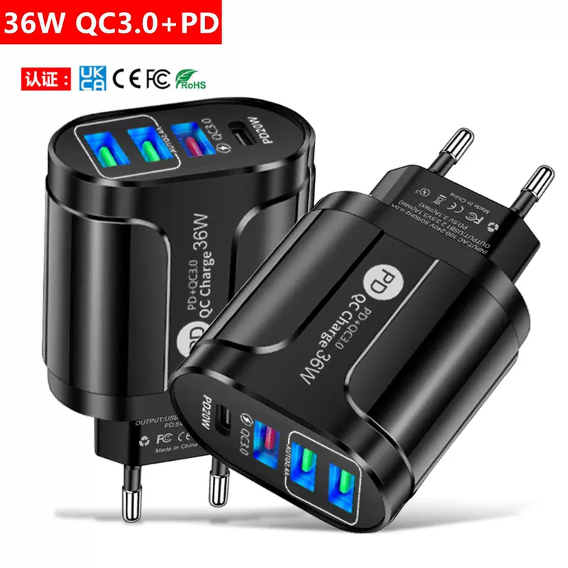 36W Многофункциональная зарядка для мобильного телефона с PD+QC3.0, 2.4A, Европа и США, быстрая зарядка, адаптер на 3 USB с USB-C PD входом