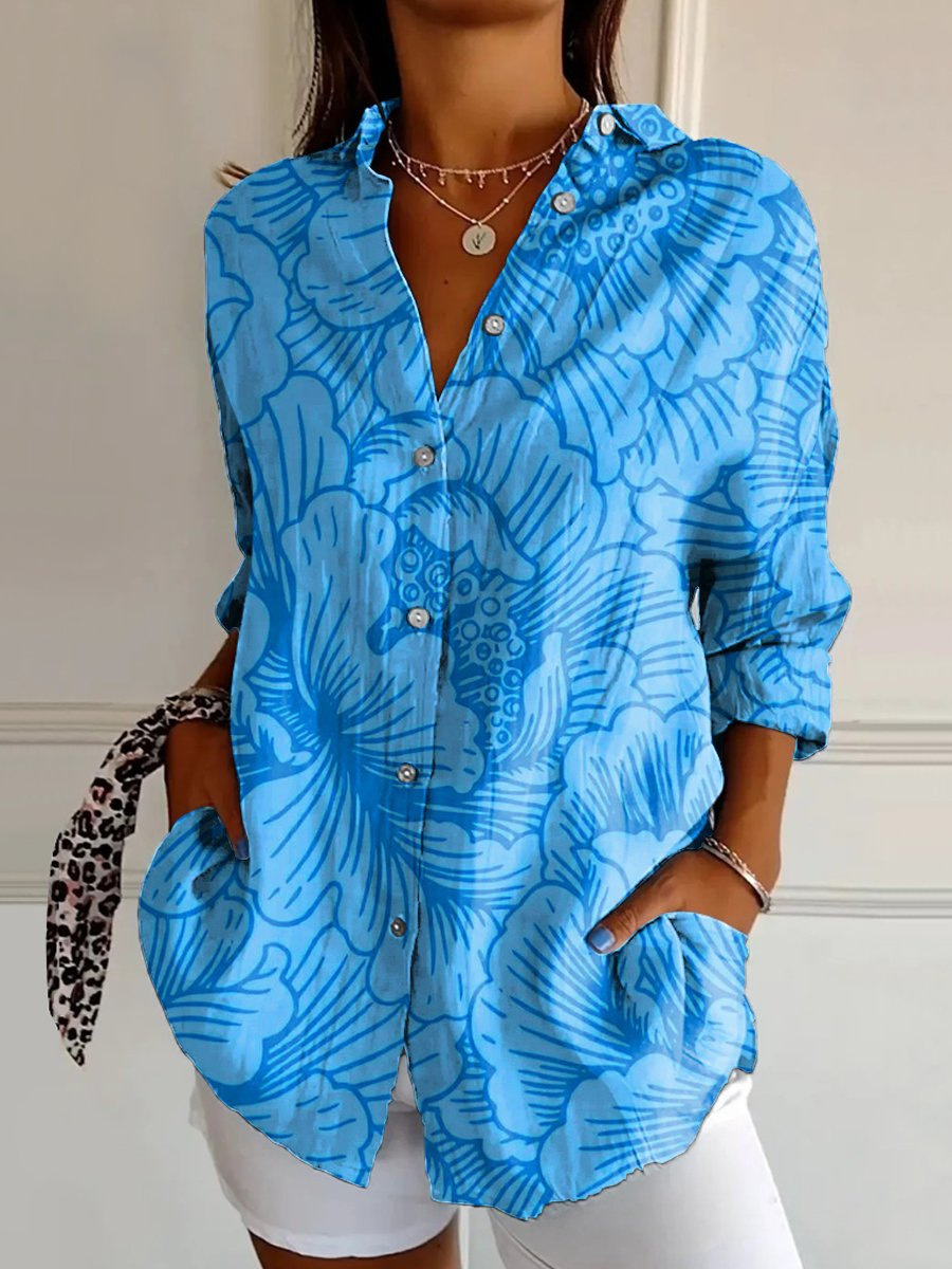 Damen Bluse Mit Blumenmuster Und Dreiviertelarm Sommerhemd_voghion.com