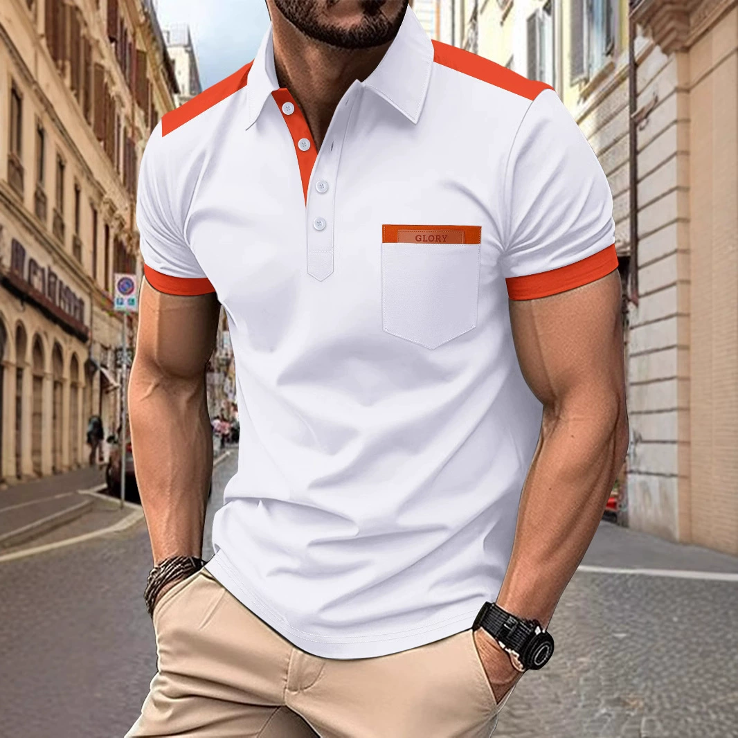 Новая мужская повседневная рубашка-поло Amazon с нагрудным карманом, отворотами на пуговицах и универсальным верхом в тон.