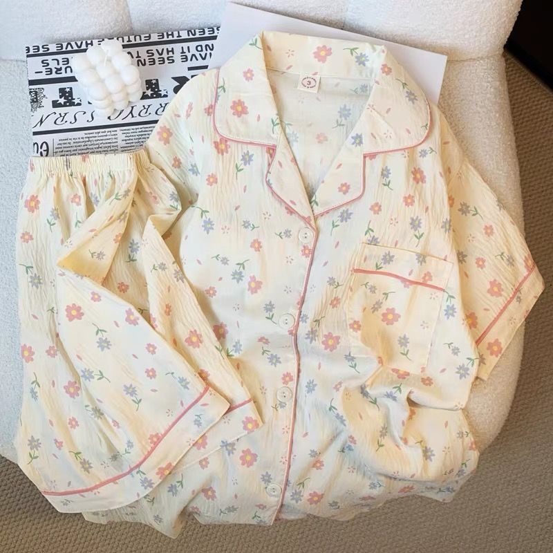 Pijama coreano de primavera y otoño lindo KT gatos cuadrícula pantalones cortos de manga corta cardigan set nubes algodón ropa de hogar se puede usar fuera