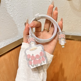 Ins Pink Tulip Oil Painting Apple 16 Charger 20W Protective Cover Winding Wire Bite Wire Anti-Break Wave