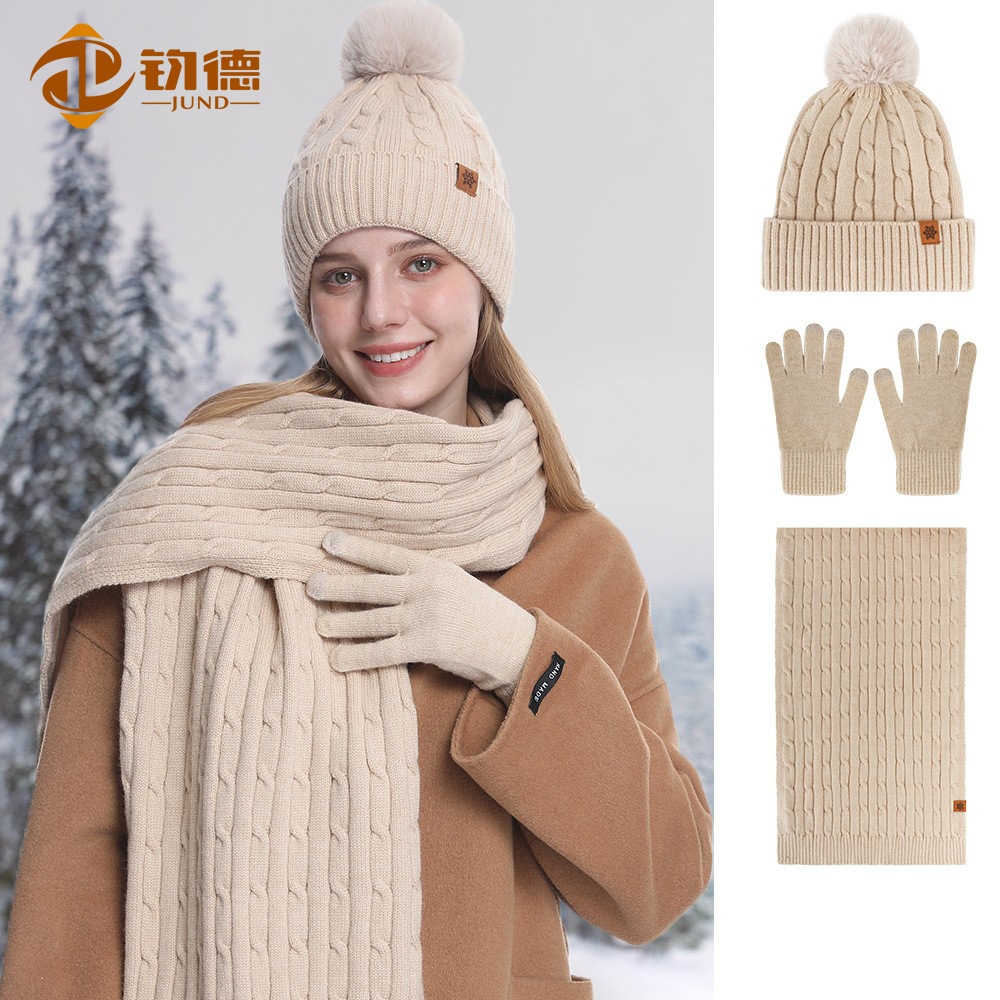 Knitted Hat for Women, Winter Warm Cycling Ear Protection Woolen Knitted Hat, Scarf, and Gloves Three-Piece Set, Cute