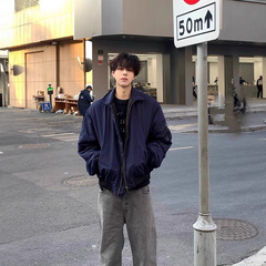 藏青色飞行夹克外套潮牌欧美街头cleanfit美式复古翻领棒球服男款