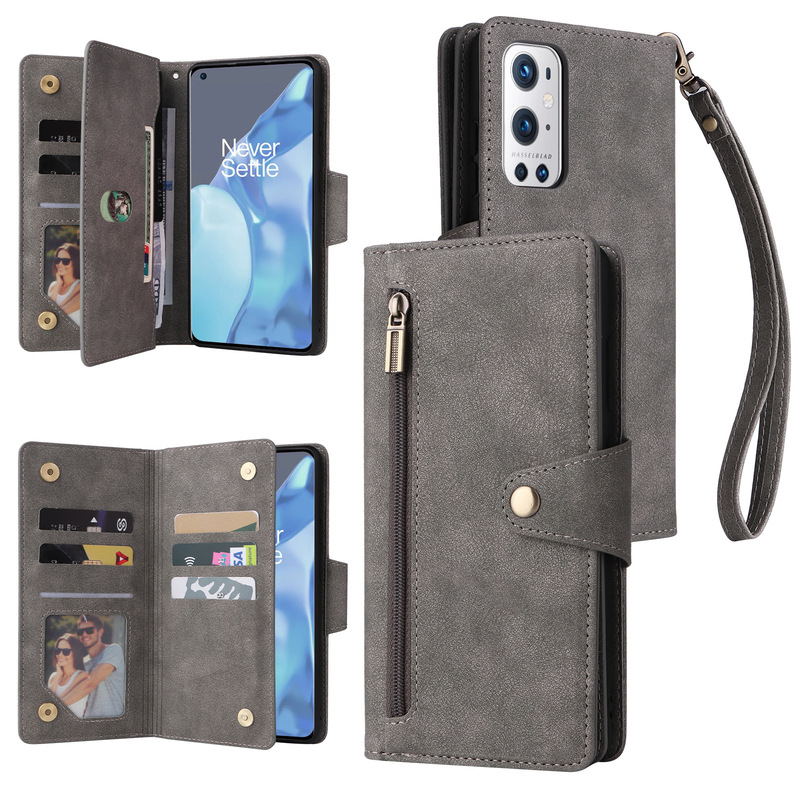 For One Plus 9 Pro Rivet Buckle Zipper Mobile Phone Leather Case 10 PRO 5G Card Leather Case Hand Rope Protective Case