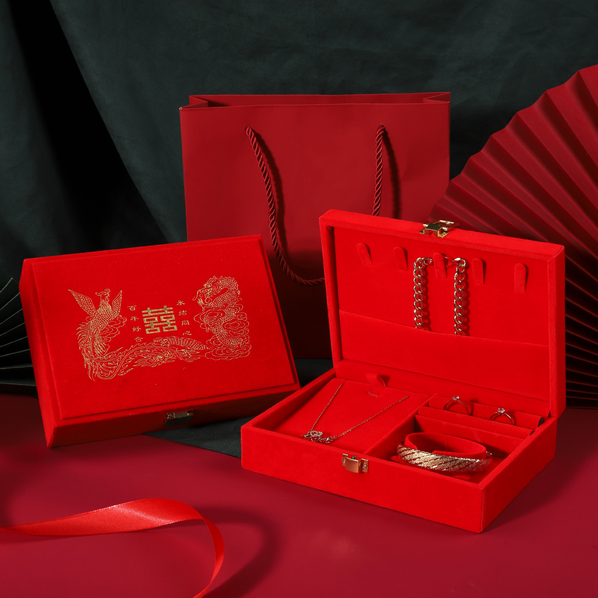 Caja de joyería de oro de compromiso festivo, pendientes de joyería, caja de anillo, collar de alta calidad, caja de embalaje de joyería de hardware
