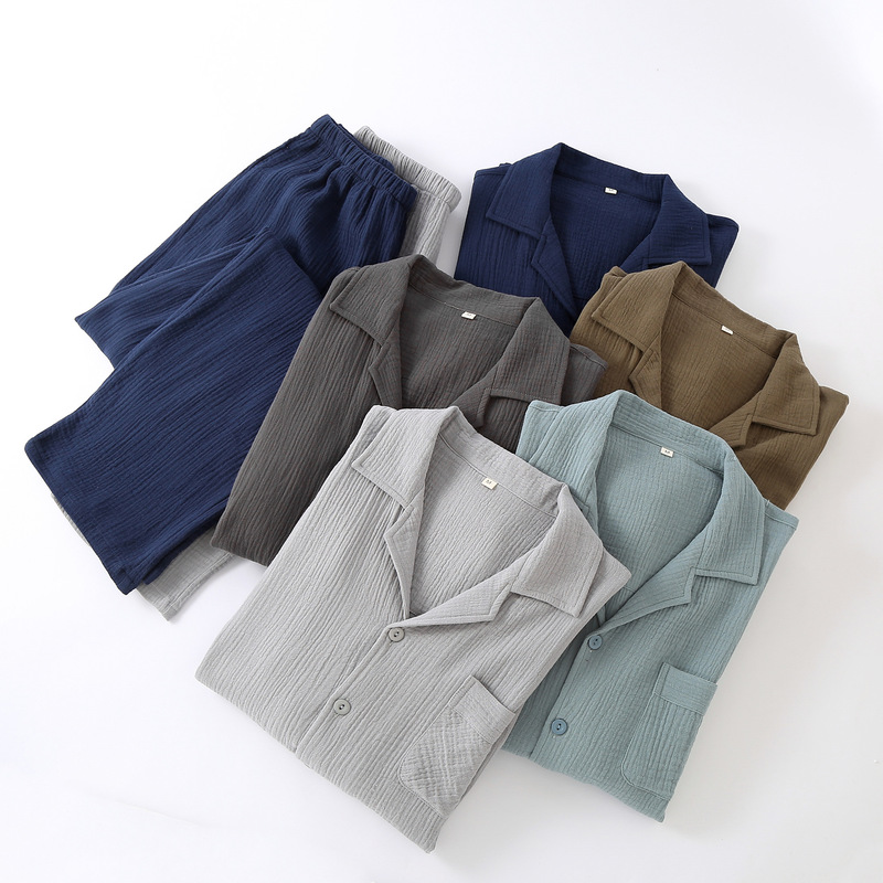 Men's Pajamas Spring and Autumn Crepe Pure Cotton Double-Layer Cotton Yarn Cardigan Home Clothes Loose plus size Long-Sleeved Trousers Home Clothes