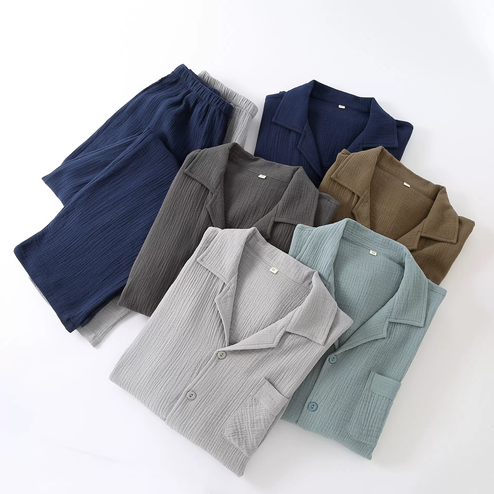 男士睡衣春秋绉布纯棉双层棉纱开衫居家服宽松大码长袖长裤家居服