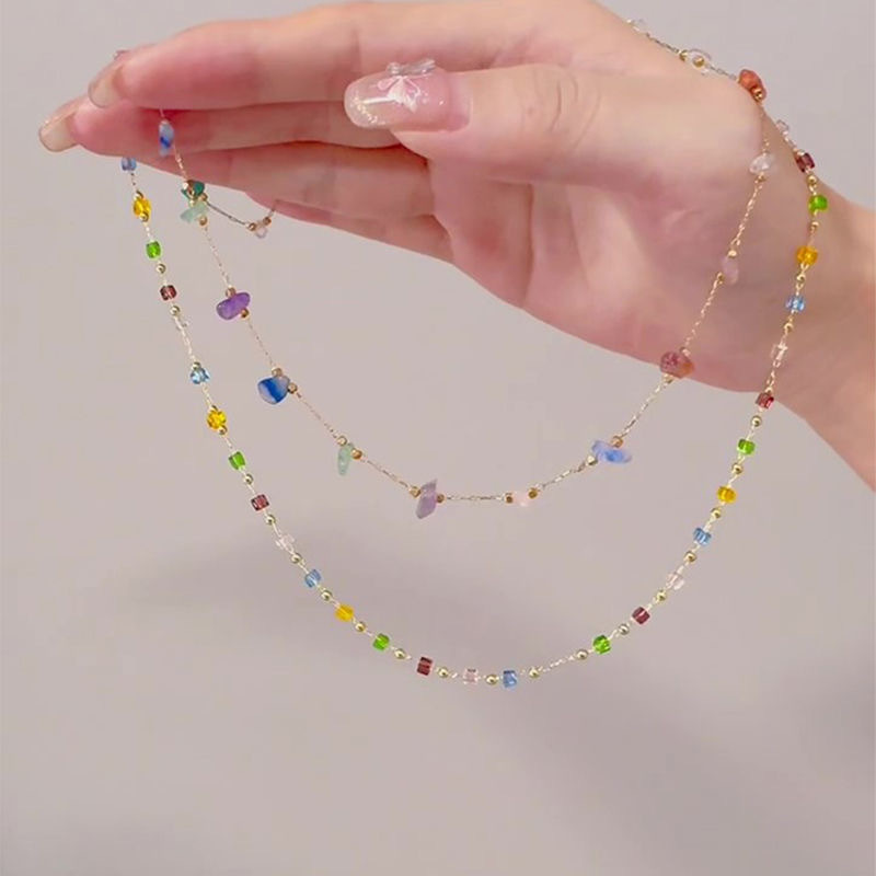 Dopamine Color Irregular Square Stone Chain Color-Retaining Necklace for Women 2025 New High-End Exquisite Layered Wear