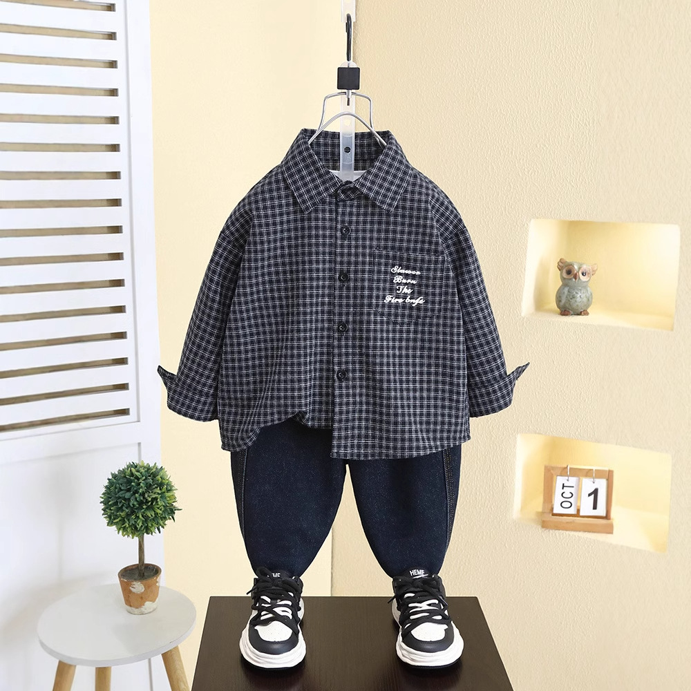 7792 Camisa a cuadros de primavera para niños 2025 Nuevo estilo de primavera y otoño para niños Camisa de manga larga de estilo occidental para niños pequeños
