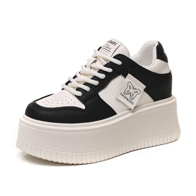 Giày sneaker nữ đế bánh xốp tăng chiều cao bên trong, phối đơn giản mùa hè thu 2024 — Màu be, Màu đen