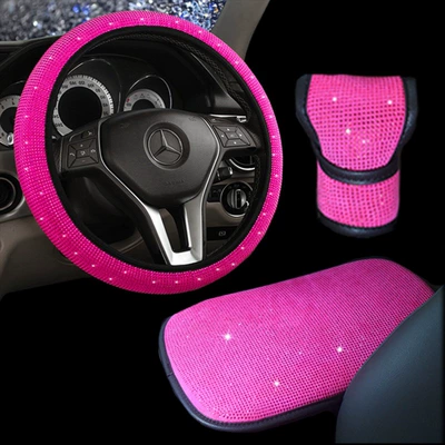 Rhinestone Armrest Box Pad, Gear Handle Steering wheel cover - all-rose-red-38cm