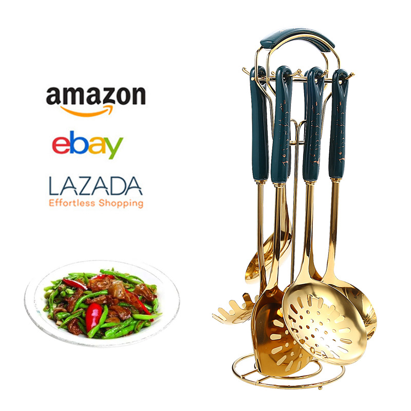 Nordic Light lujo utensilios de cocina traje de cerámica cocina pala cuchara 7-pieza de acero inoxidable espátula cuchara de arroz fugas caja de regalo traje