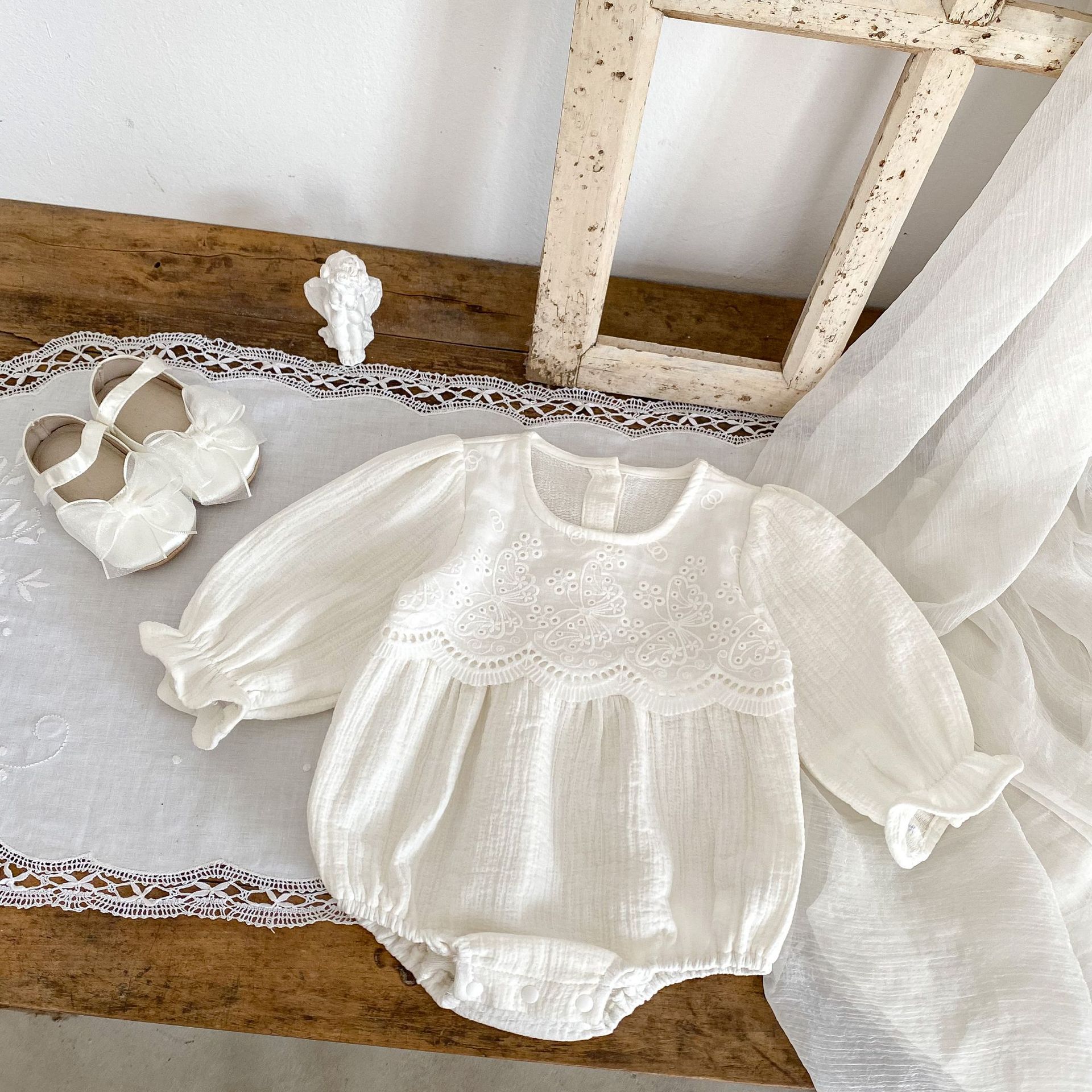 Baby and toddler autumn 2024 cotton bubble long sleeved khaki women's baby solid color ladylike bag fart triangle_voghion.com