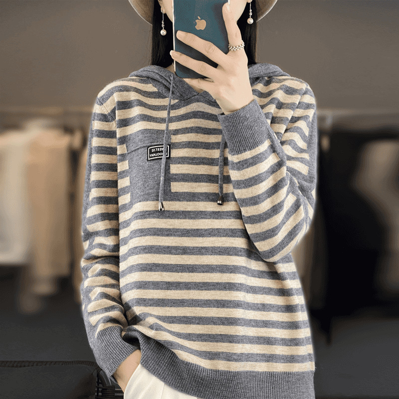 春季新款女士口袋条纹时尚百搭针织衫显瘦休闲连帽衫|undefined