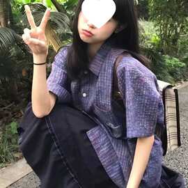 日系复古短袖衬衫女夏季彩纱格纹衬衣外套宽松休闲情侣古巴领上衣