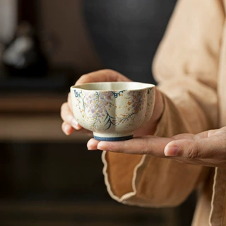 青花火石红手绘紫藤陶瓷釉下彩茶杯功夫茶具主人杯复古花口杯单杯