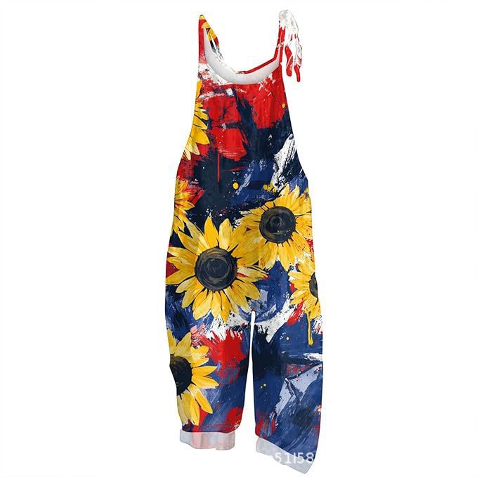 Bdeaby Amazon Women's Summer New Cotton and Linen Overalls Printed Suspenders Casual Jumpsuit Beach Pants