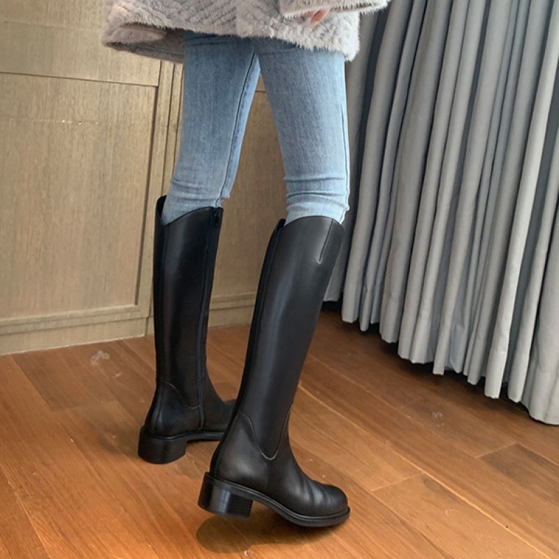 Sheepskin version~Genuine leather V-mouth western cowboy boots with thick heels, knight boots for women, thick soles, small stature, long boots, high boots