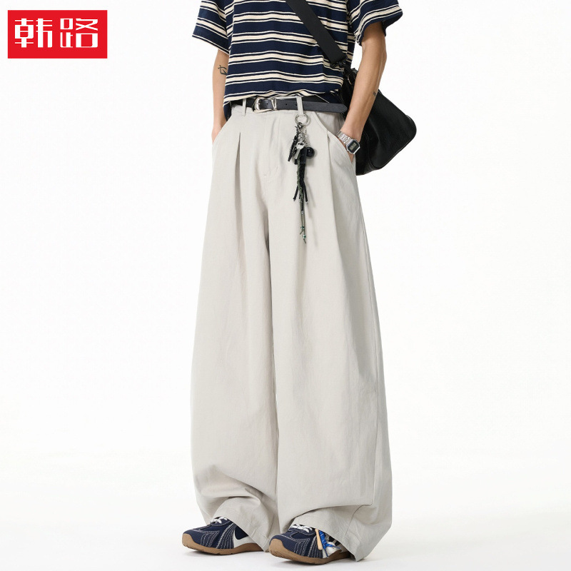 American Retro Simple Versatile Double-Pleated Casual Pants for Men, Spring Basic Wide-Leg Loose Textured Straight Long Pants