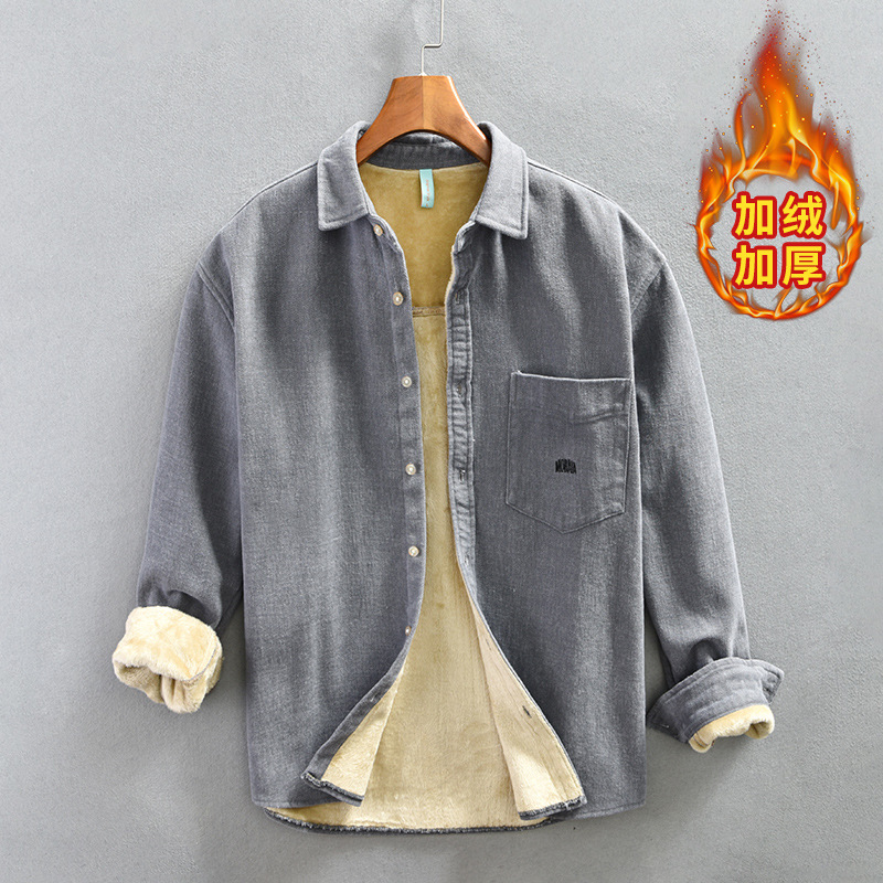 Z813 hombres forrado de lana estilo japonés ropa de trabajo espesado suelta fuera de la camisa del hombro de una sola pieza