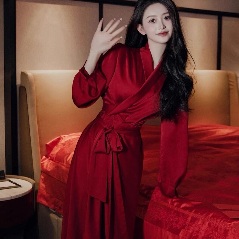 Tess New Chinese Style Wedding Morning Robe for Women, Bride-Inspired Niche Nightgown, Red Wedding Pajamas, Morning Photoshoot Gown