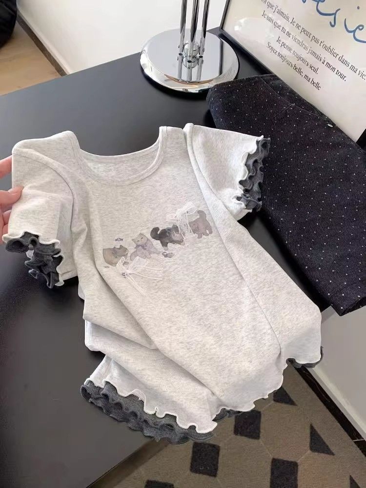 [210g 40 Count Pure Cotton] Cartoon Cat Lace Bow Short-Sleeved T-Shirt Women's New Summer Slim Top