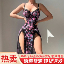 跨境爆款双开衩性感睡衣网纱蕾丝碎花长裙诱惑纯欲透视睡裙套装