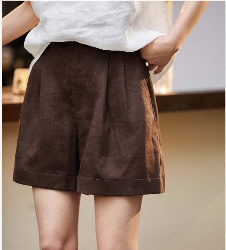 Quần short nữ dáng suông chất liệu linen thoáng mát, phong cách cổ điển thanh lịch — Màu nâu chi tiết 6