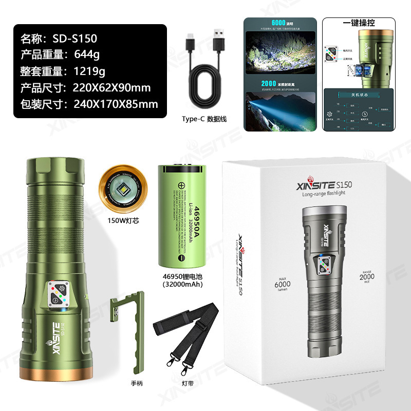 ハイパワー白レーザー懐中電灯強光雷砲Type-C充電ズーム遠射屋外携帯サーチライト|undefined