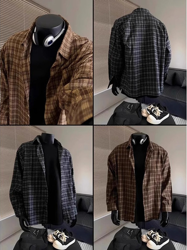 Retro Color-Block Plaid Shirt for Men—Autumn/Winter, American Style, High-End Tartan Base Shirt, Cleanfit Outerwear