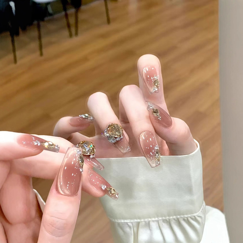 Handmade Wearable Nails, Ice-Transparent Nude Color, Champagne Sparkling Pile Diamond Cat-Eye Nails, High-End Accessible Luxury Heavy-Duty Manicure Patches