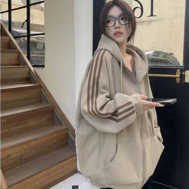American Style Retro Autumn and Winter New Loose plus size Long-sleeved Cardigan Top fleece-lined Thickened Hooded Sweater Jacket Women's Trendy