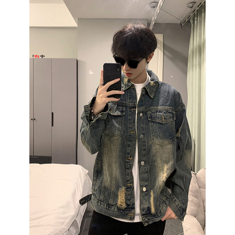 Spring Light Color Ripped Denim Jacket Men's Loose Fashionable Brand Retro Work Jacket Men's Fashionable American Denim Clothes