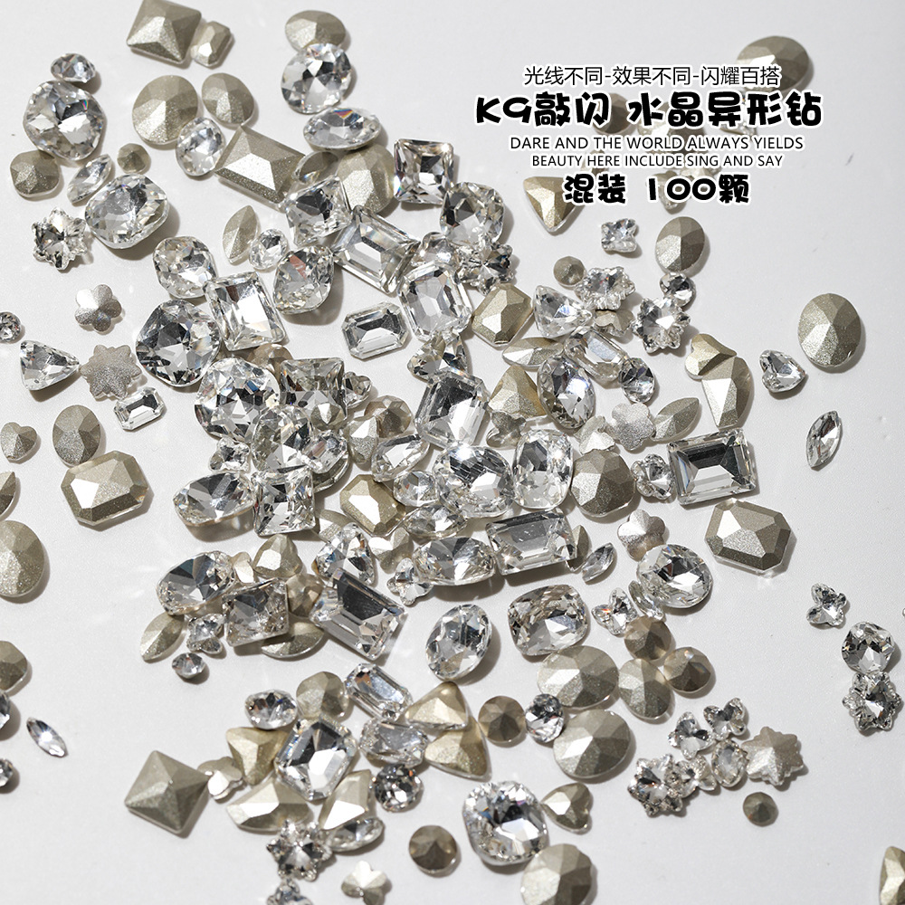 美甲饰品透明尖底钻超闪亮白钻石大歪心斧头水滴蝴蝶指甲配饰批发